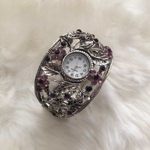 NEW Purple Jeweled Flower Bracelet Watch